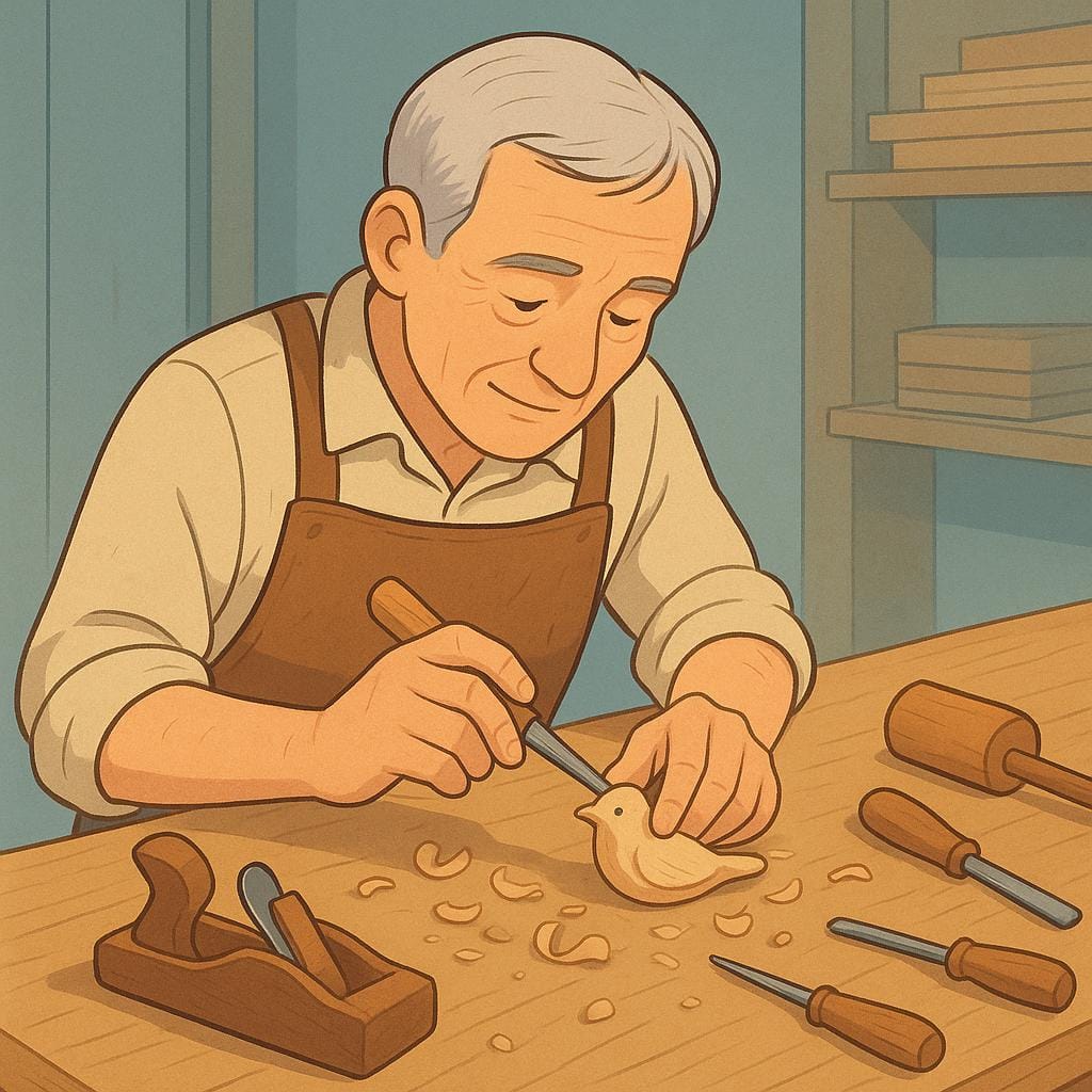 A skilled, older carpenter wearing a leather apron, focused intently on carving a detailed wooden bird with a small chisel, representing a master craftsman.