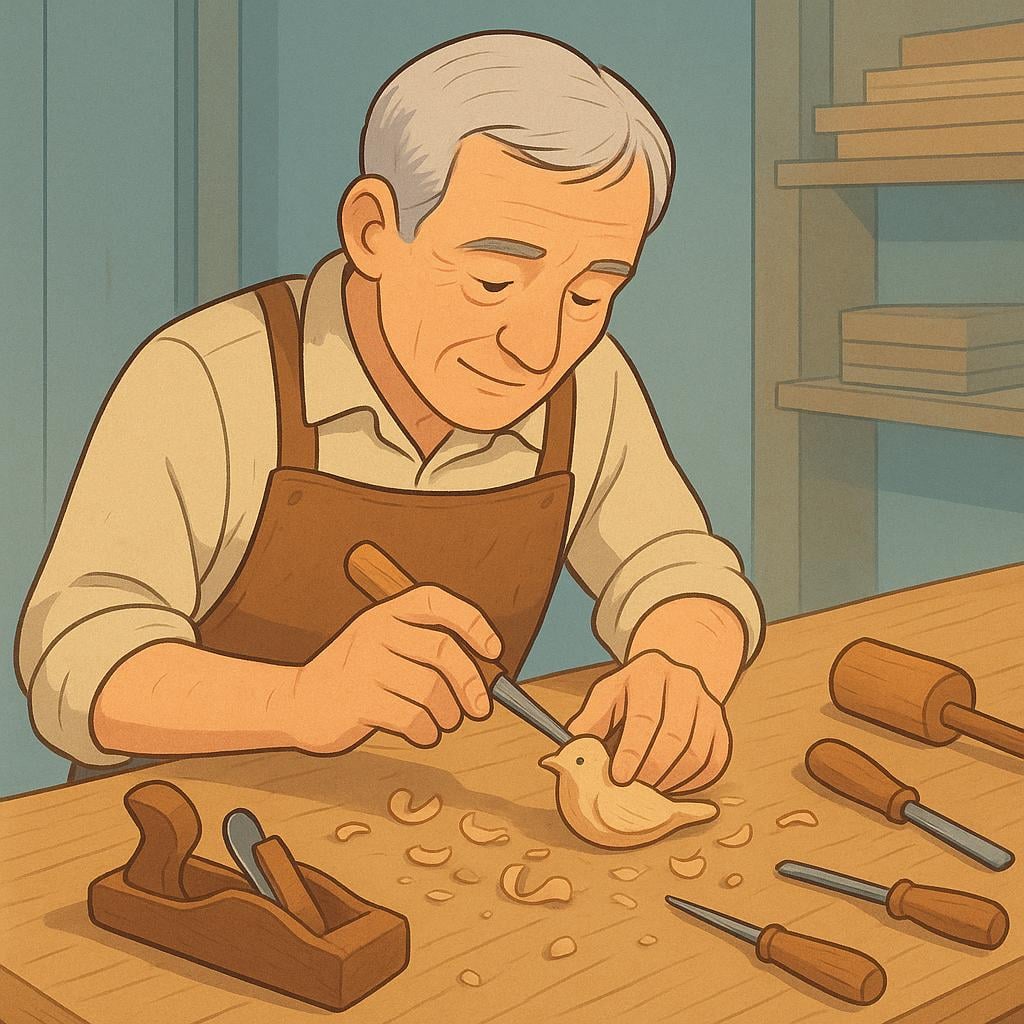 A skilled, older carpenter wearing a leather apron, focused intently on carving a detailed wooden bird with a small chisel, representing a master craftsman.