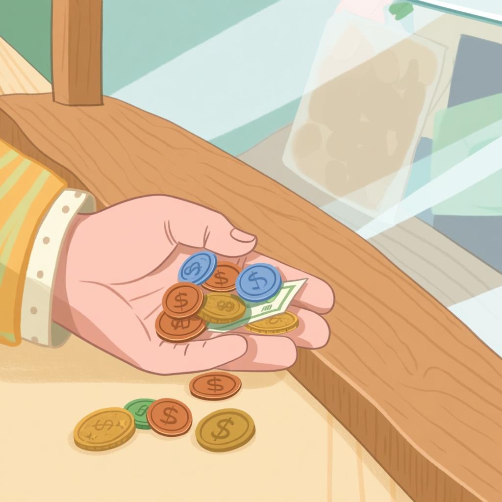 A close-up of a hand placing a few coins and a small paper bill onto a wooden counter, representing monetary change.