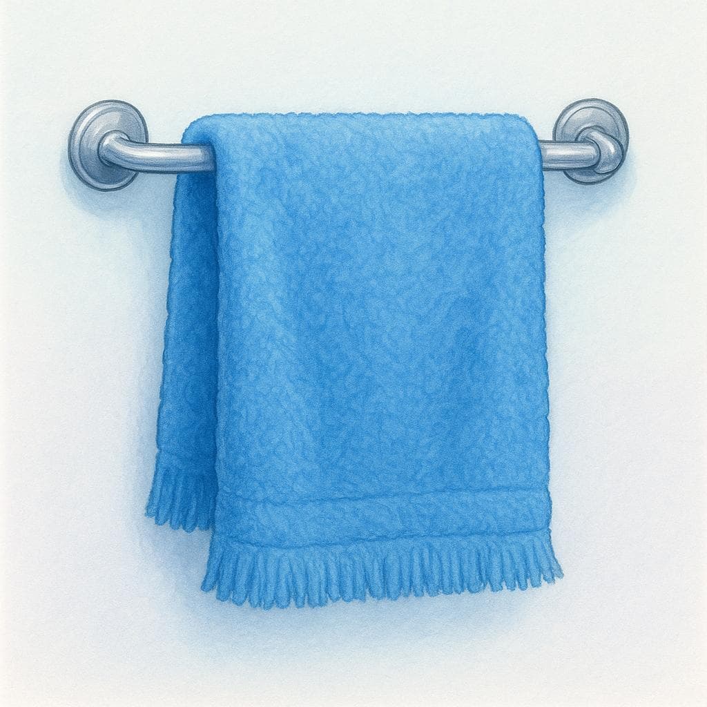 A fluffy blue bath towel hanging neatly on a silver towel rack.