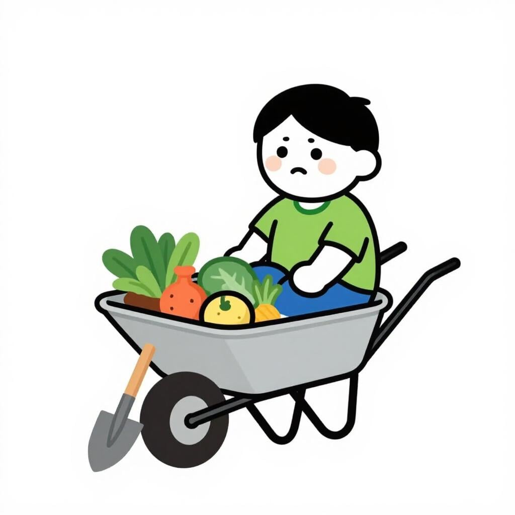 A cartoonish person sitting lazily atop a full wheelbarrow in a garden, avoiding work. A single shovel rests unused beside the person.