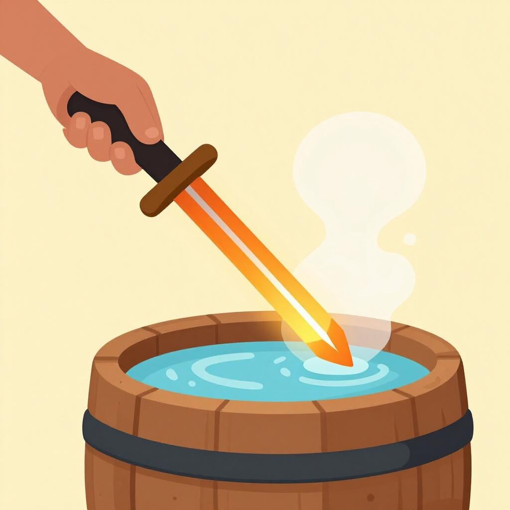 Een gloeiend roodheet zwaard dat door een smid in een emmer water wordt gedompeld.