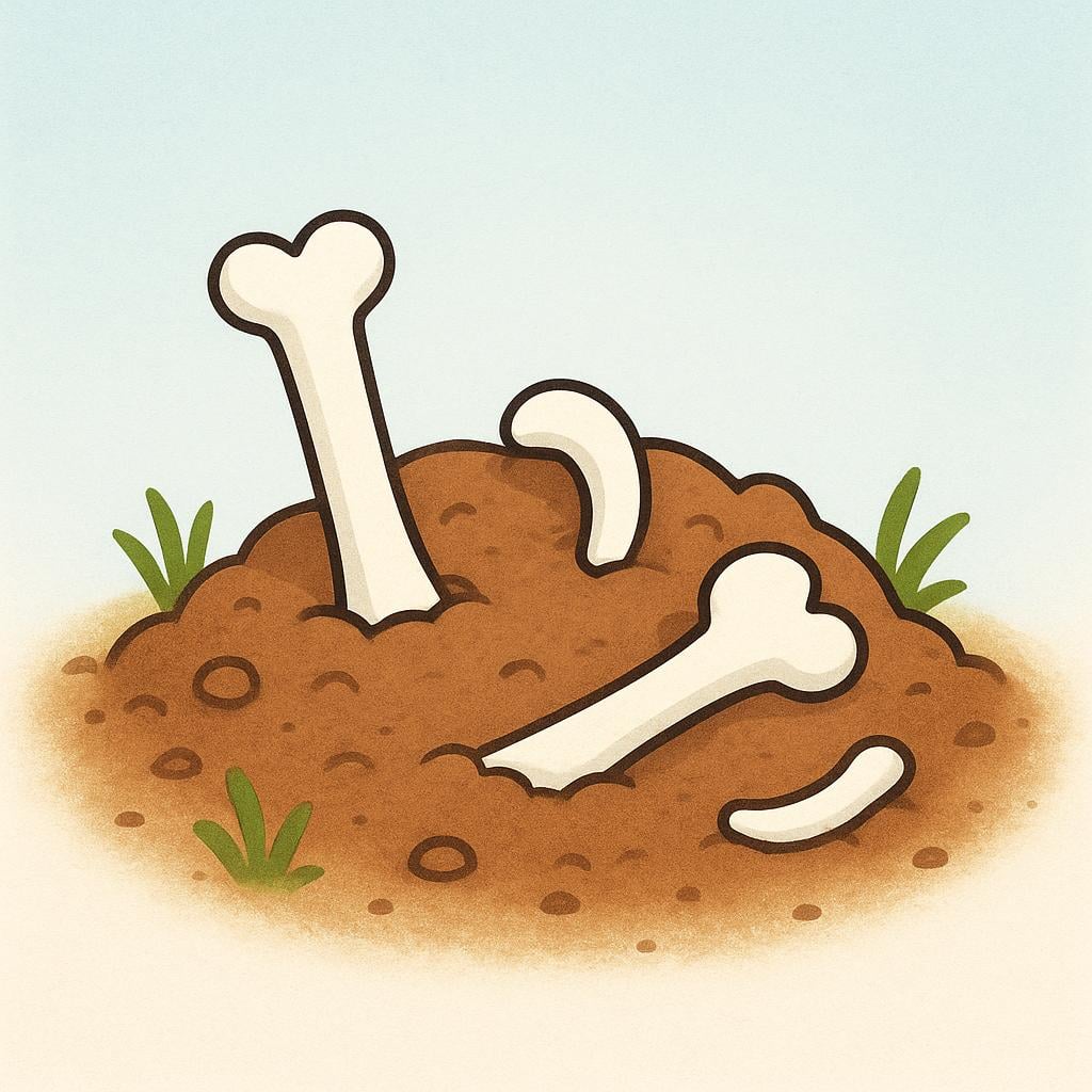 Stylized illustration of a few large, clean white bones partially buried in brown earth, suggesting ancient remains.
