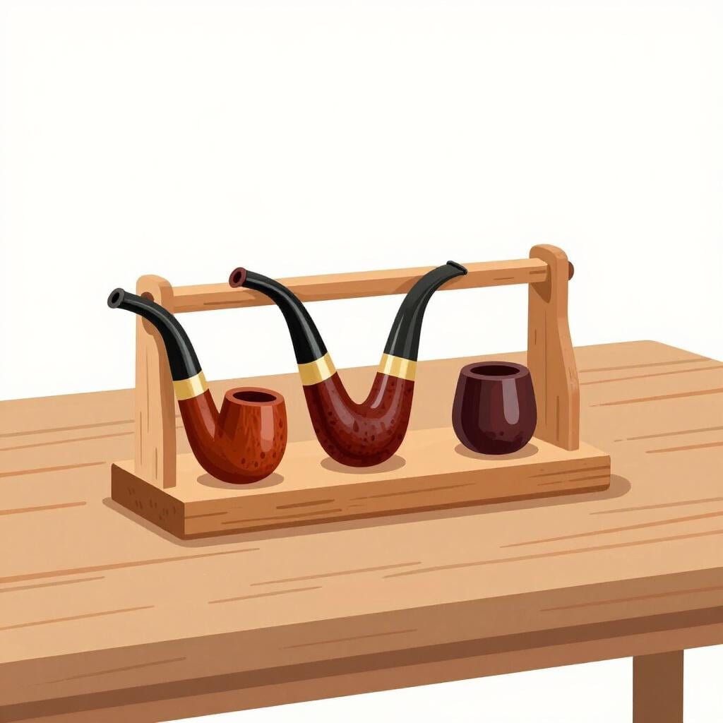 A stylish wooden stand holding several smoking pipes.