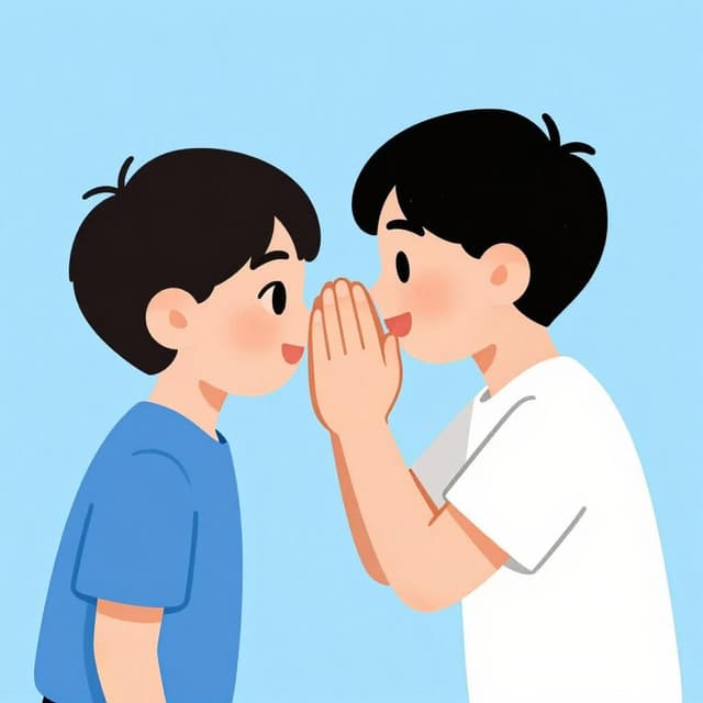 A person whispering a secret into the ear of another person who looks surprised.