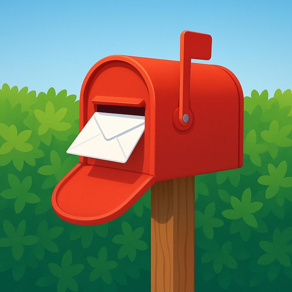 A bright red, traditional American-style mailbox mounted on a wooden post next to a green lawn, with the flag raised and a white envelope slightly sticking out of the slot.