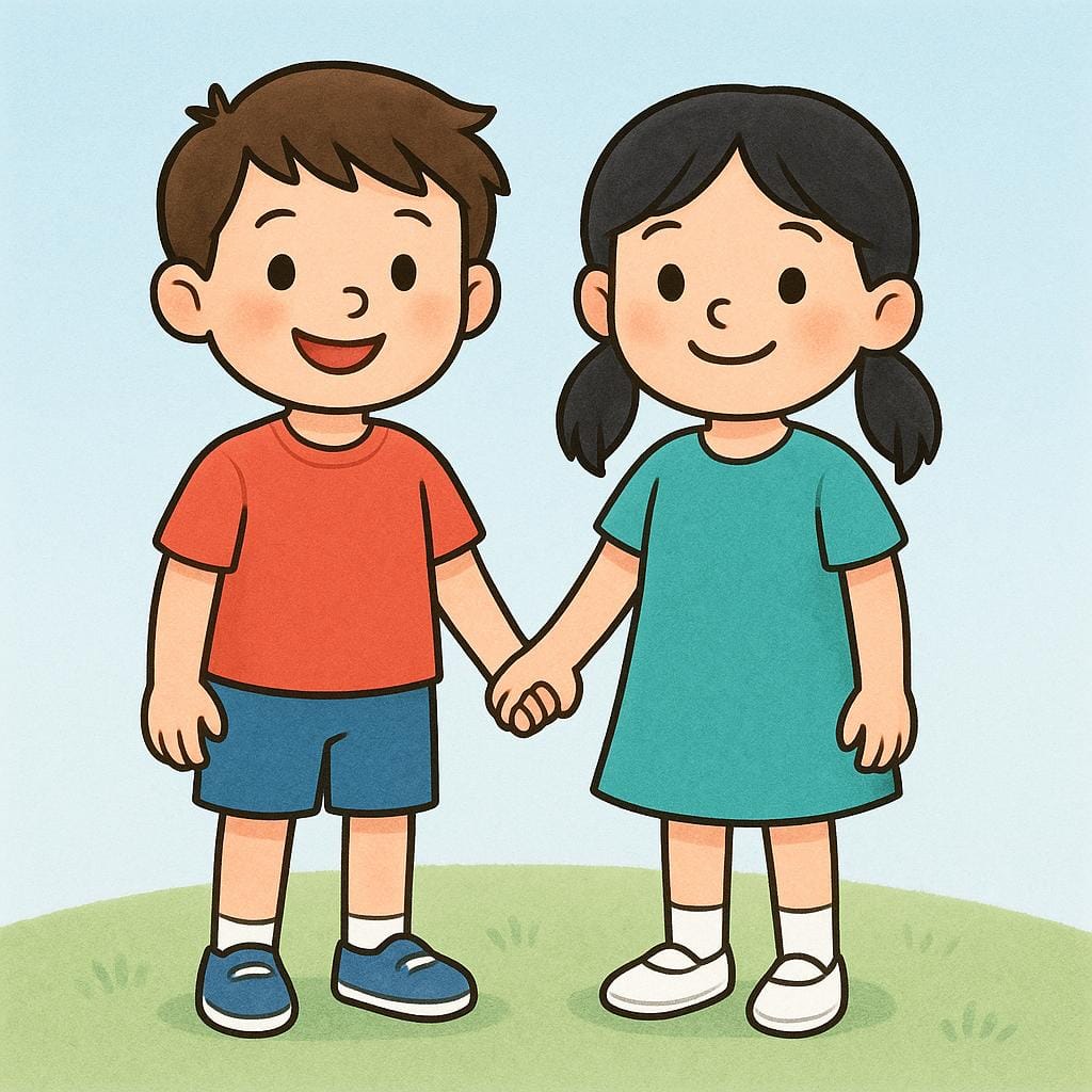 Deux enfants heureux, un garçon et une fille, se tenant proches et se tenant la main.