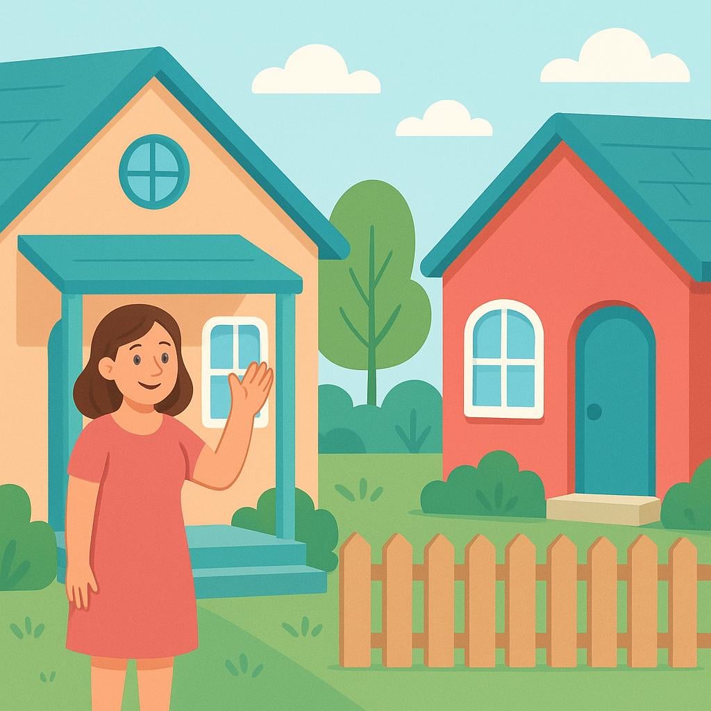 A friendly woman standing on the porch of her colorful house, waving over a small fence toward the adjacent house next door.