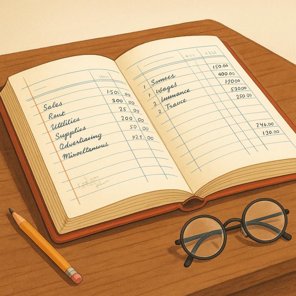 A thick, open ledger book with handwritten entries on a wooden desk.