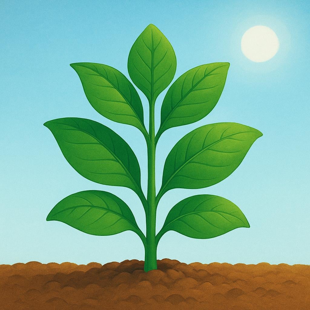 A single, vibrant green tobacco plant with large, broad leaves growing out of brown soil.