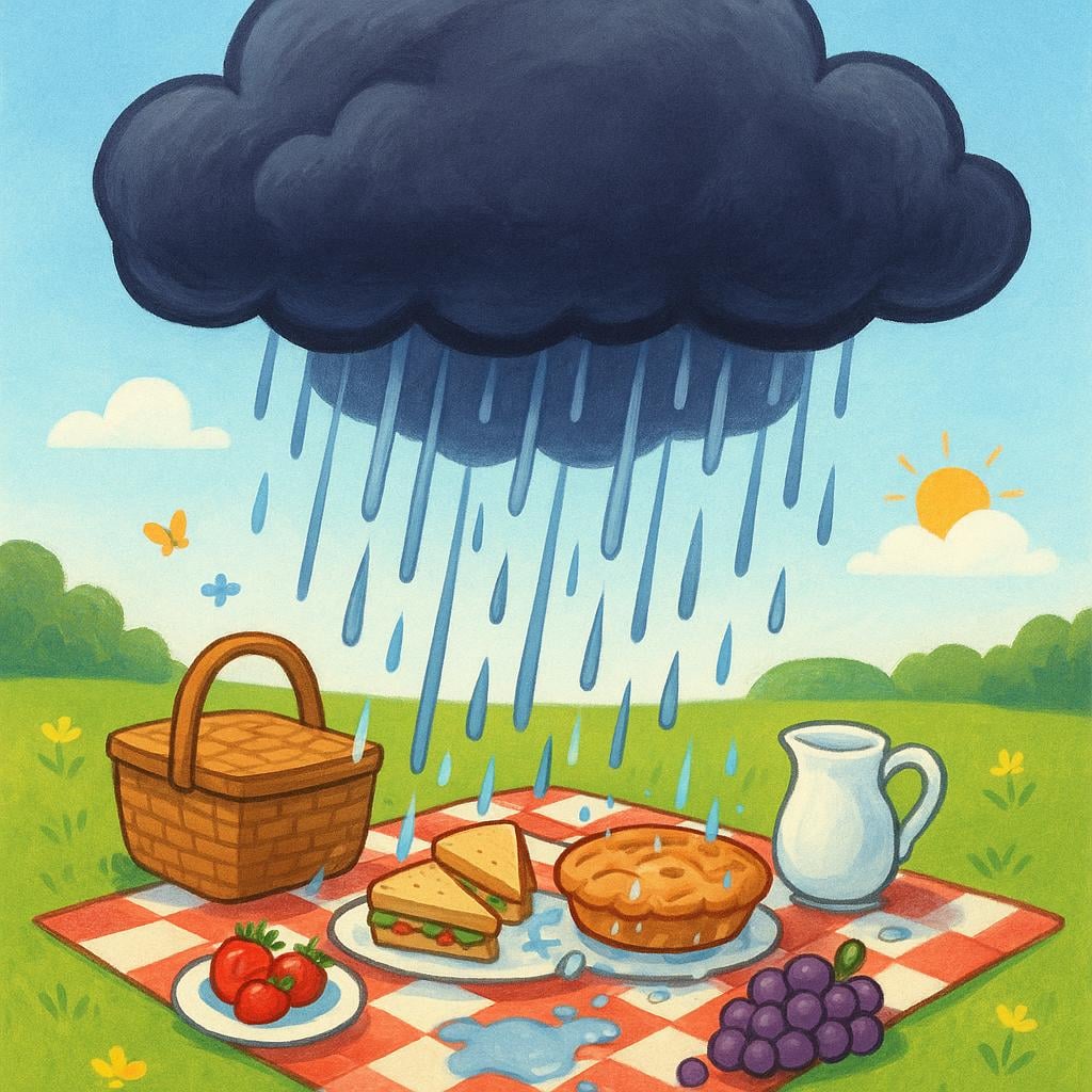 An illustration of a cheerful outdoor picnic scene with a checkered blanket and food, being completely soaked by a sudden, localized downpour from a dark rain cloud.