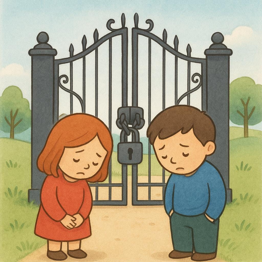 Due tristi personaggi delle fiabe in piedi fuori da un alto cancello di ferro chiuso, guardando in basso con espressioni di tristezza e rimpianto per un'opportunità mancata.