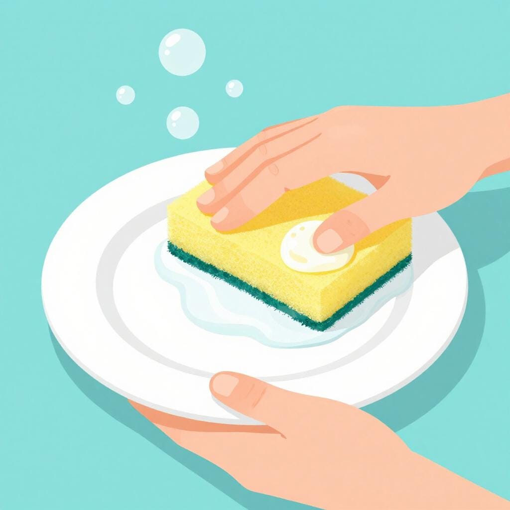 A person using a soapy sponge to scrub a dirty white plate.