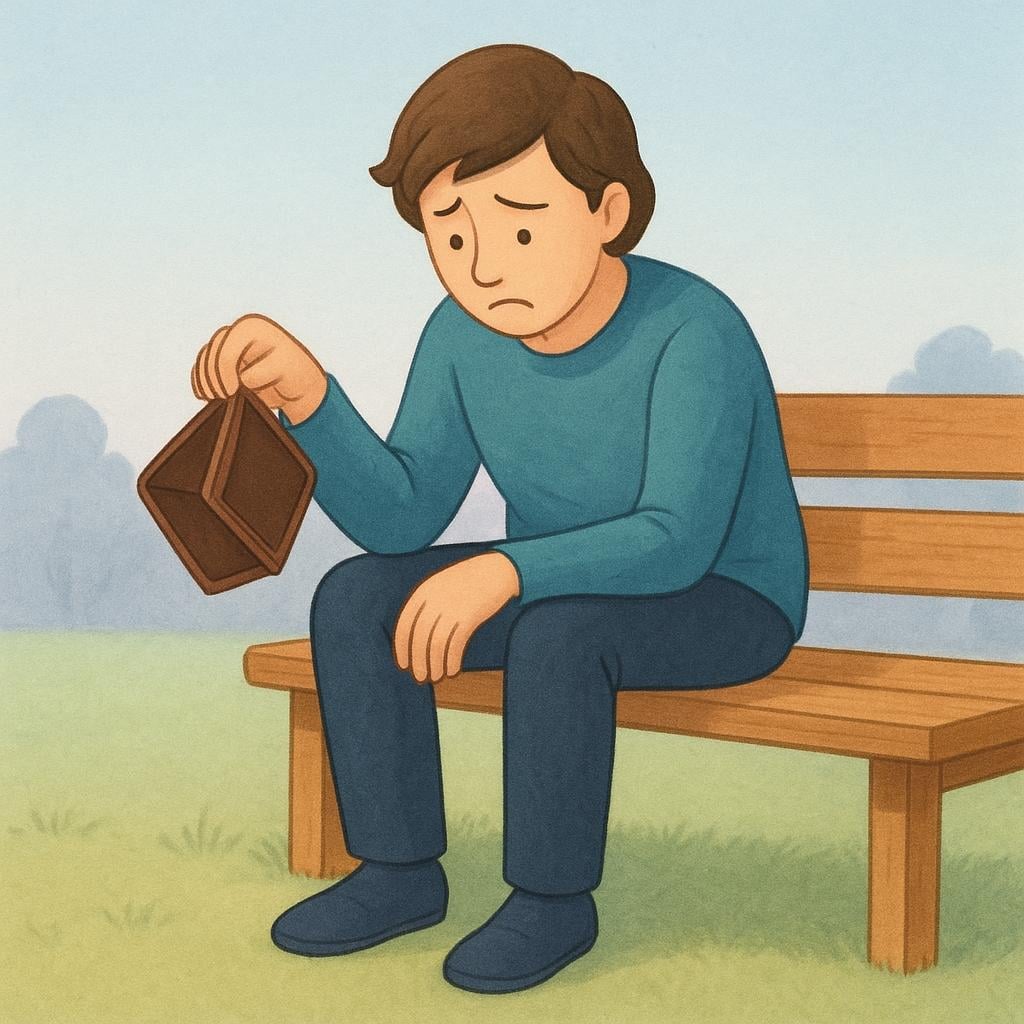 A person wearing simple, worn clothes sitting alone on a wooden bench, holding an empty, open wallet upside down, indicating financial ruin.