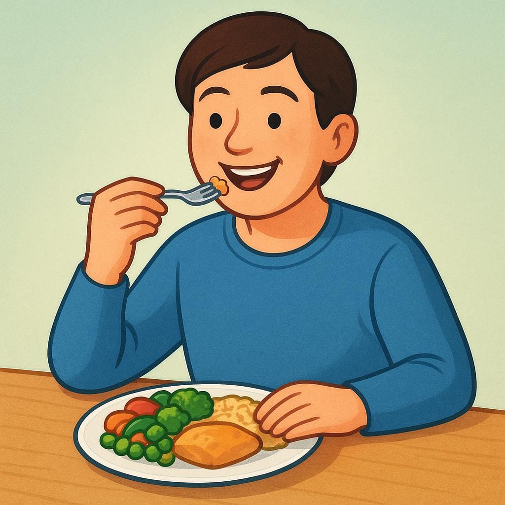 Une personne seule assise à table avec une assiette de nourriture, portant une bouchée à sa bouche, mangeant activement son déjeuner.