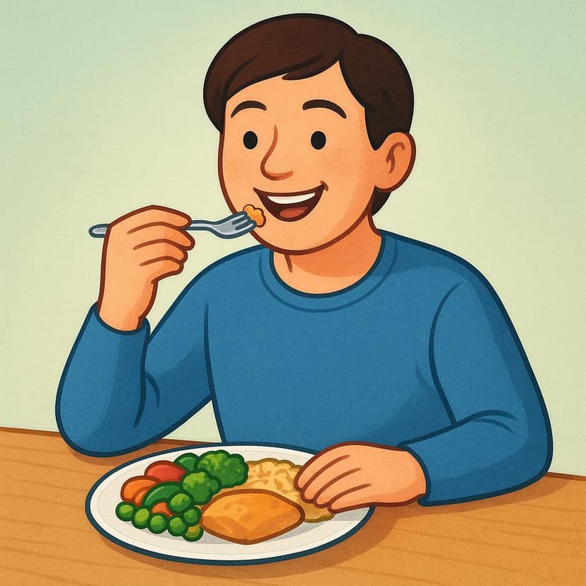 Una singola persona seduta a tavola con un piatto di cibo, che porta una forchettata di cibo alla bocca, mangiando attivamente il suo pranzo.