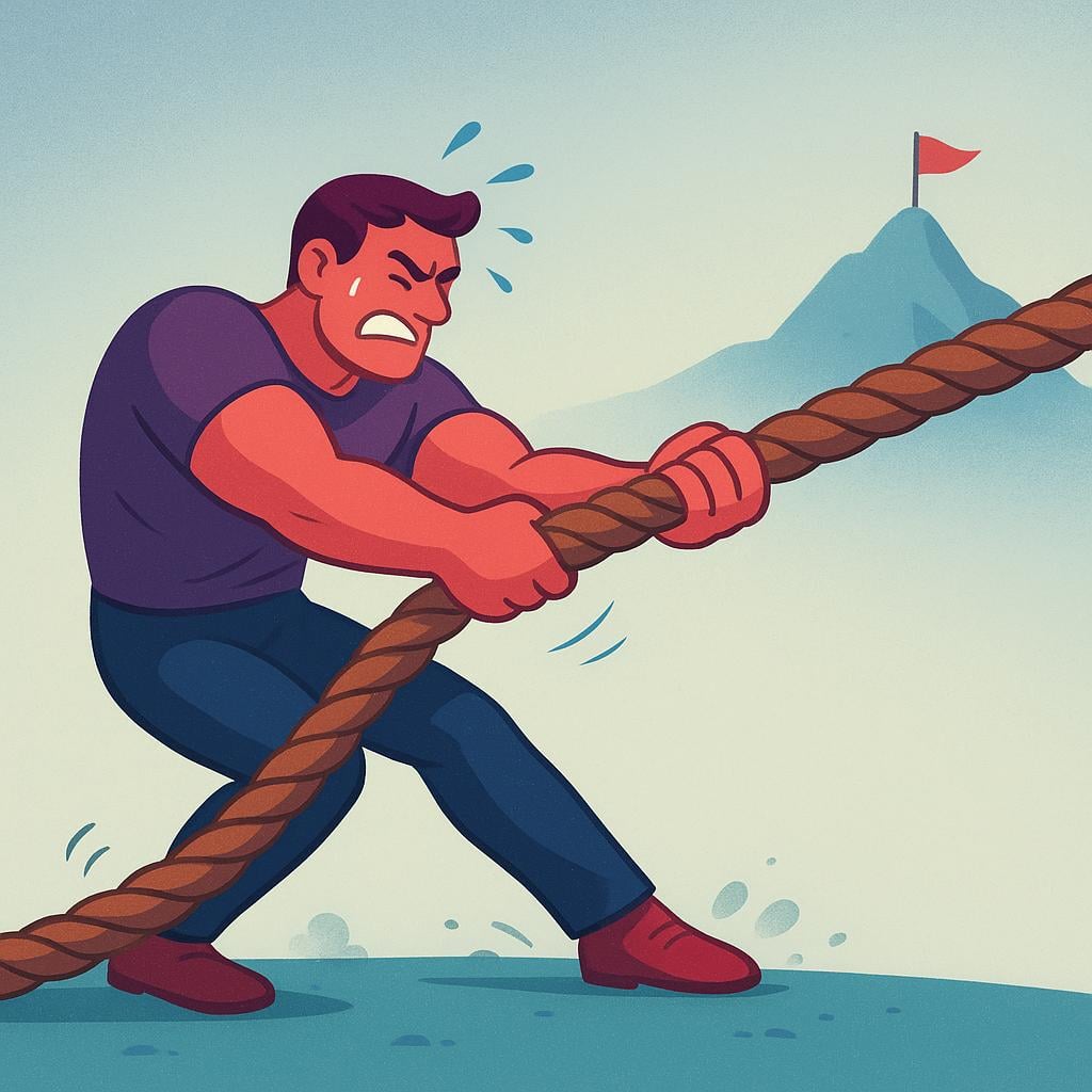 A single stylized figure pulling a very heavy, thick rope with great effort, straining intensely, illustrating a struggle towards a goal.