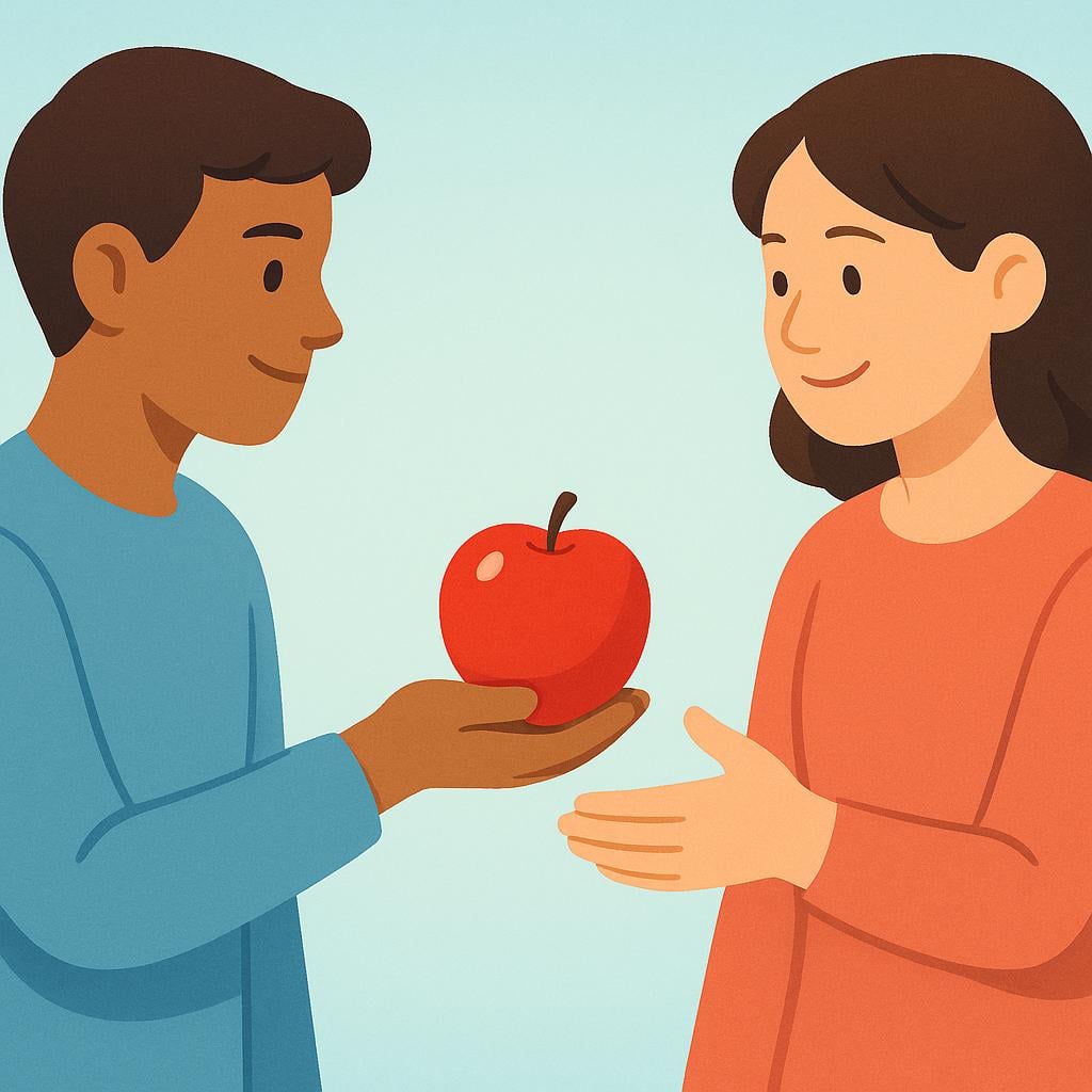 A friendly cartoon character extending their hand to give a bright red apple to another person who is reaching out to receive it.