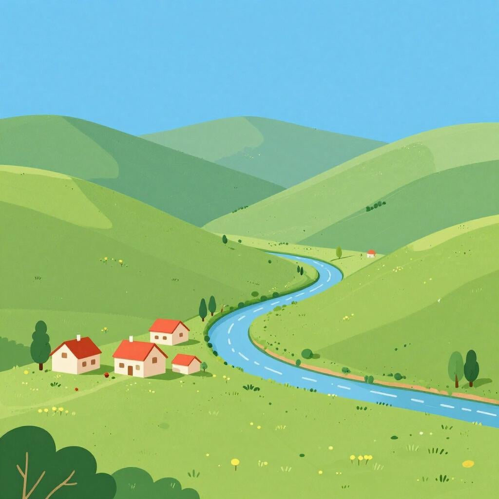 A colorful illustration of a wide valley with green hills, a small village, and a river winding through the landscape.