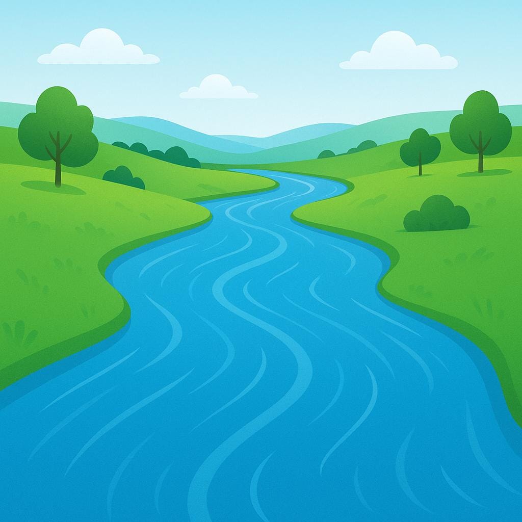 A serene illustration of a winding blue river flowing steadily through a green valley with small, rolling hills, depicting the continuous movement of water.