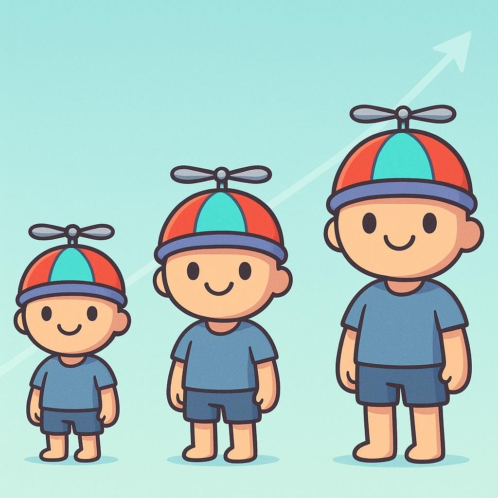 Three identical cartoon figures smiling and wearing the same brightly colored propeller beanie hats, signifying popularity.