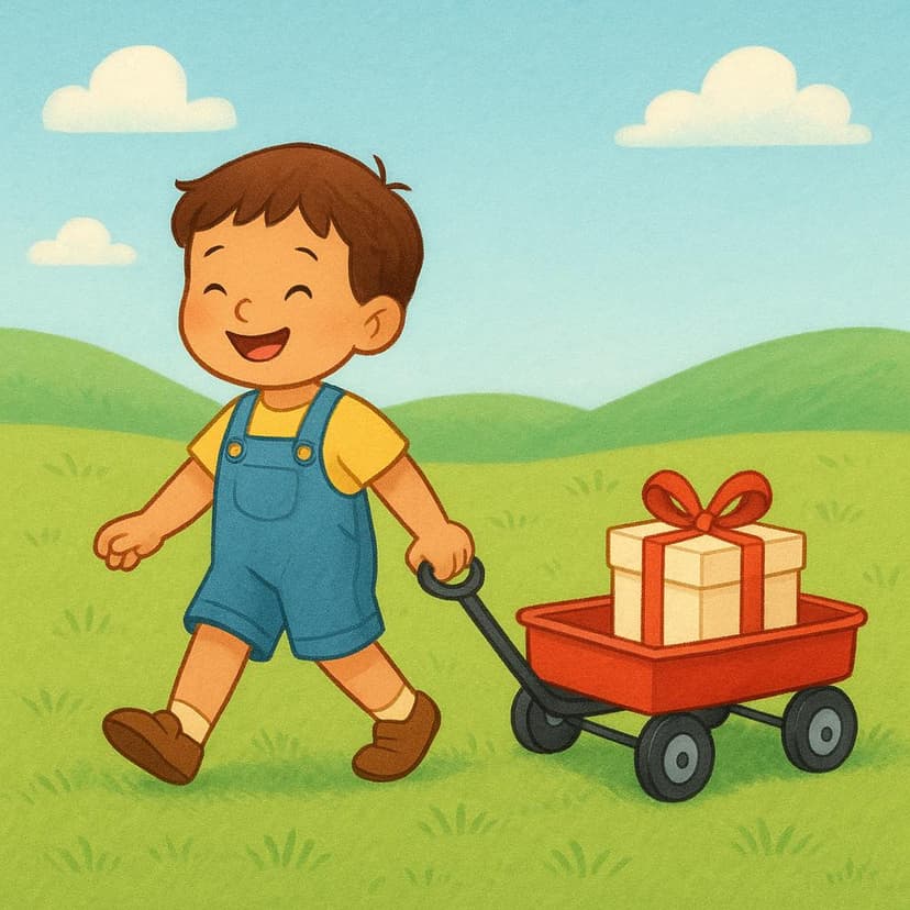 Eine Bilderbuchillustration eines Kindes, das einen roten Wagen mit einem einzigen verpackten Geschenk zieht, was die Handlung des Transportierens darstellt.