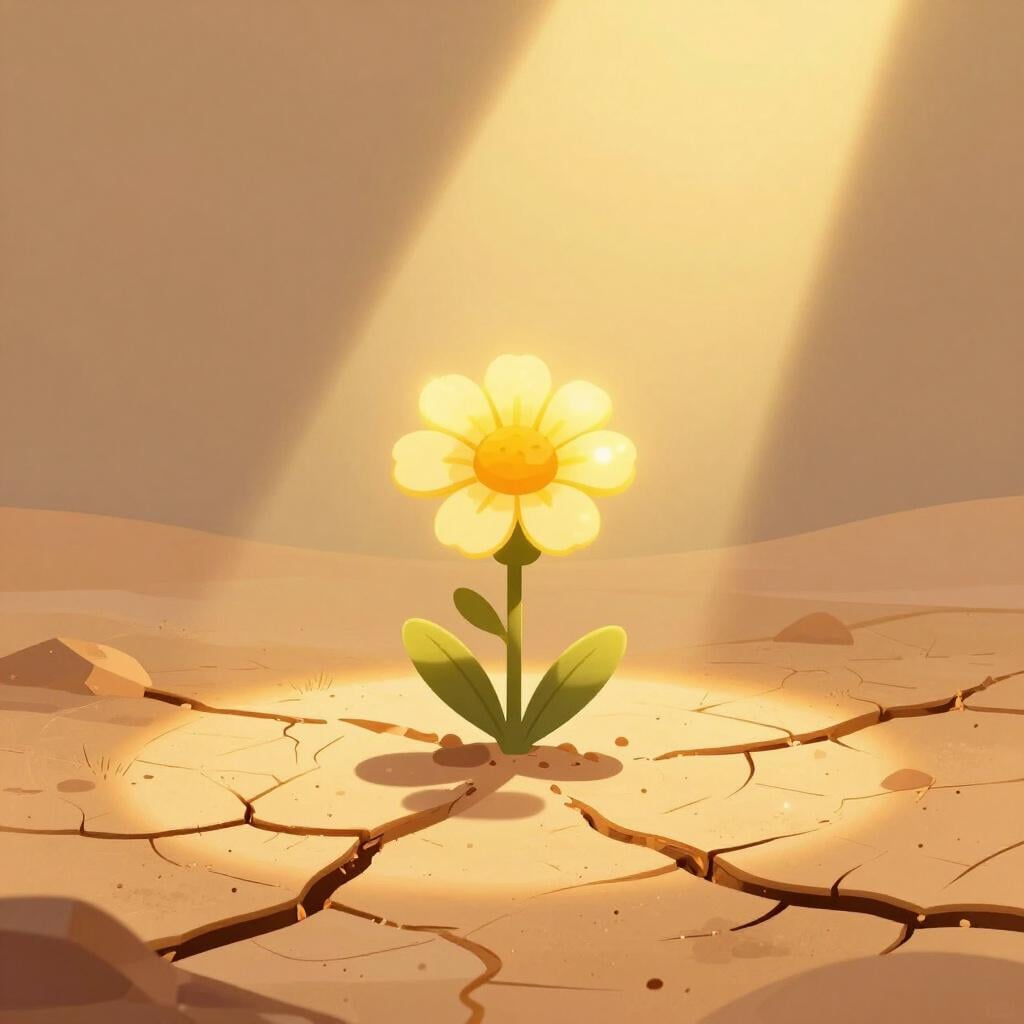 A vibrant green sprout with a single glowing flower blooming out of a dry, cracked desert floor under a soft beam of light.