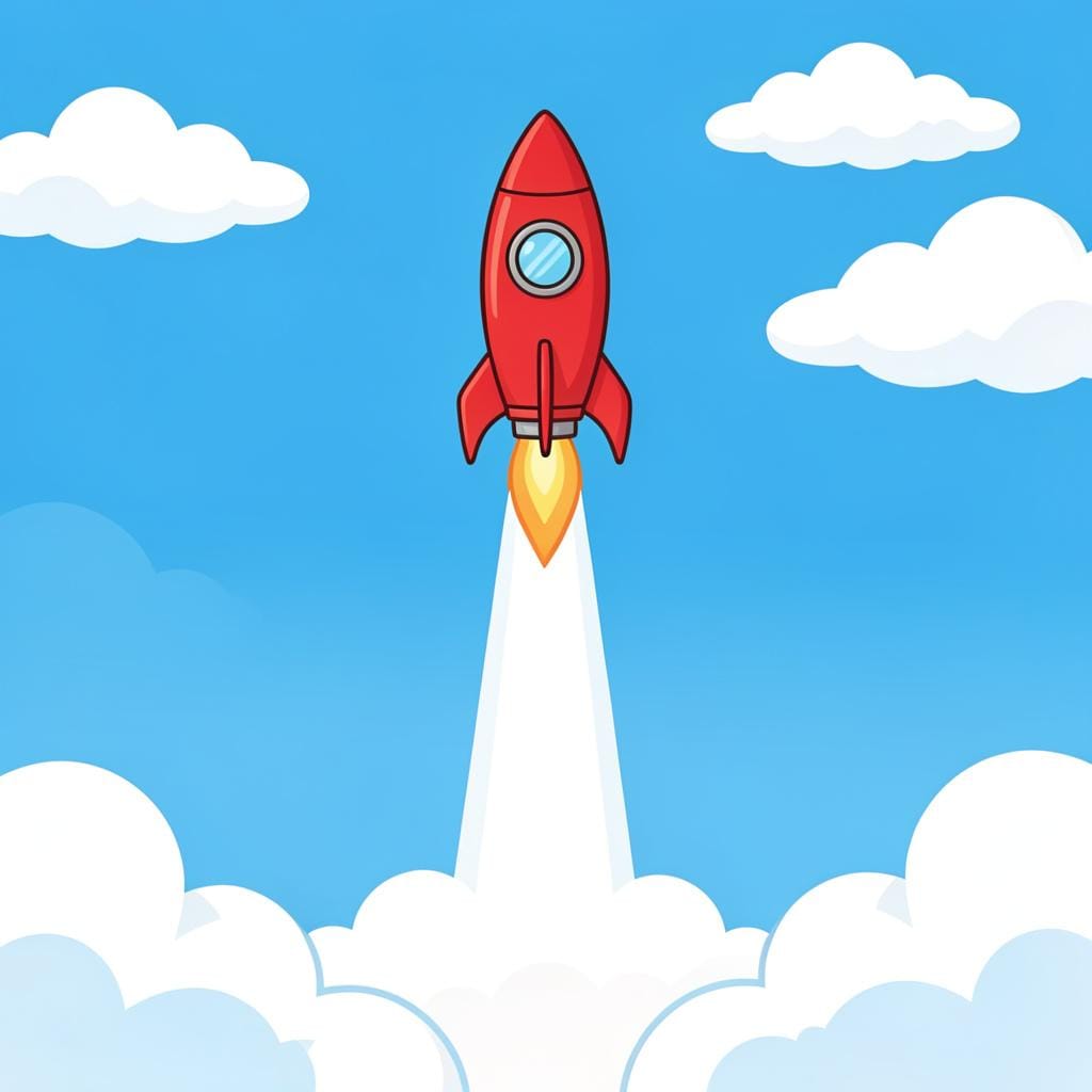 真っ赤なロケットが煙の筋を引いて空に向かって急上昇している様子。