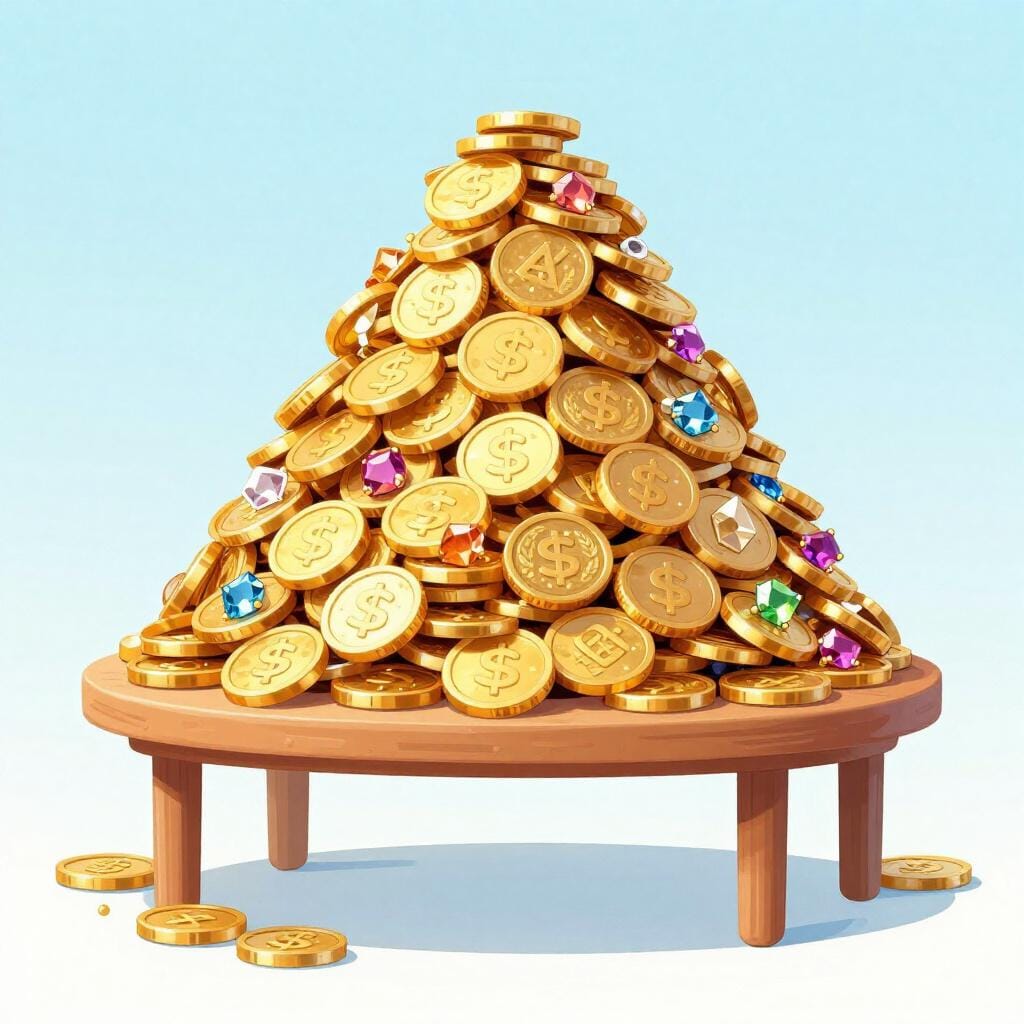 小さな木製のテーブルをはるかに凌ぐ、山盛りの金貨と宝石。