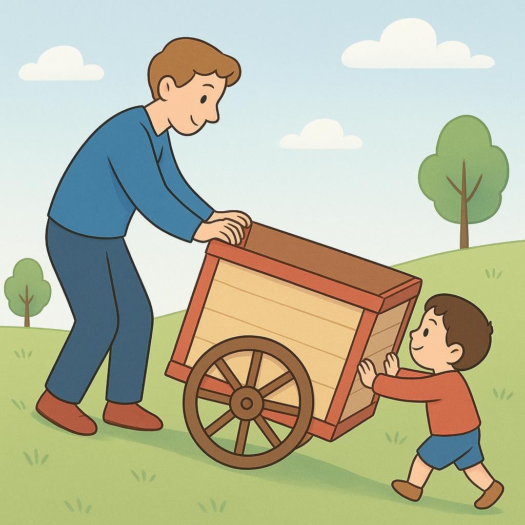 A small figure struggling to push a large, heavy wooden cart up a hill, while a taller figure stands behind them, placing a hand on the cart to push and assist them.