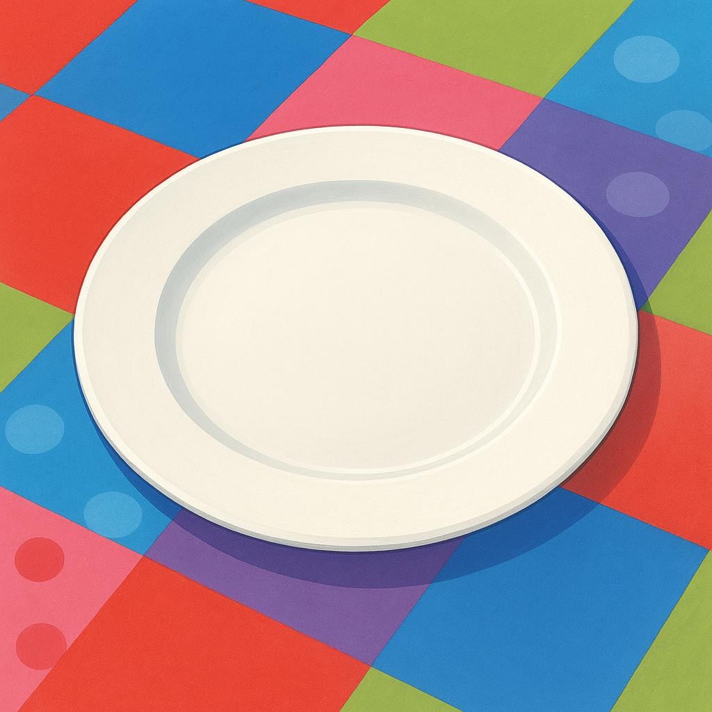 A perfectly clean, white dinner plate resting alone on a brightly colored tablecloth, indicating nothing is present.