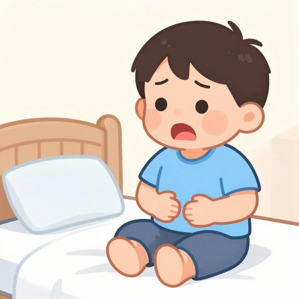 A sad child sitting on a bed with a hand on their stomach, looking uncomfortable.