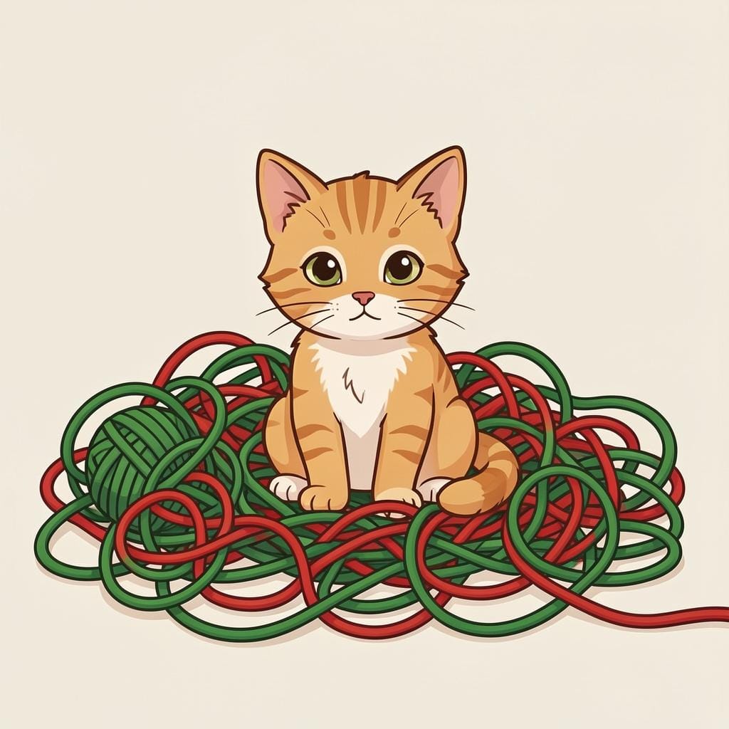 A small kitten tangled and caught in a colorful mess of thick knitting yarn.