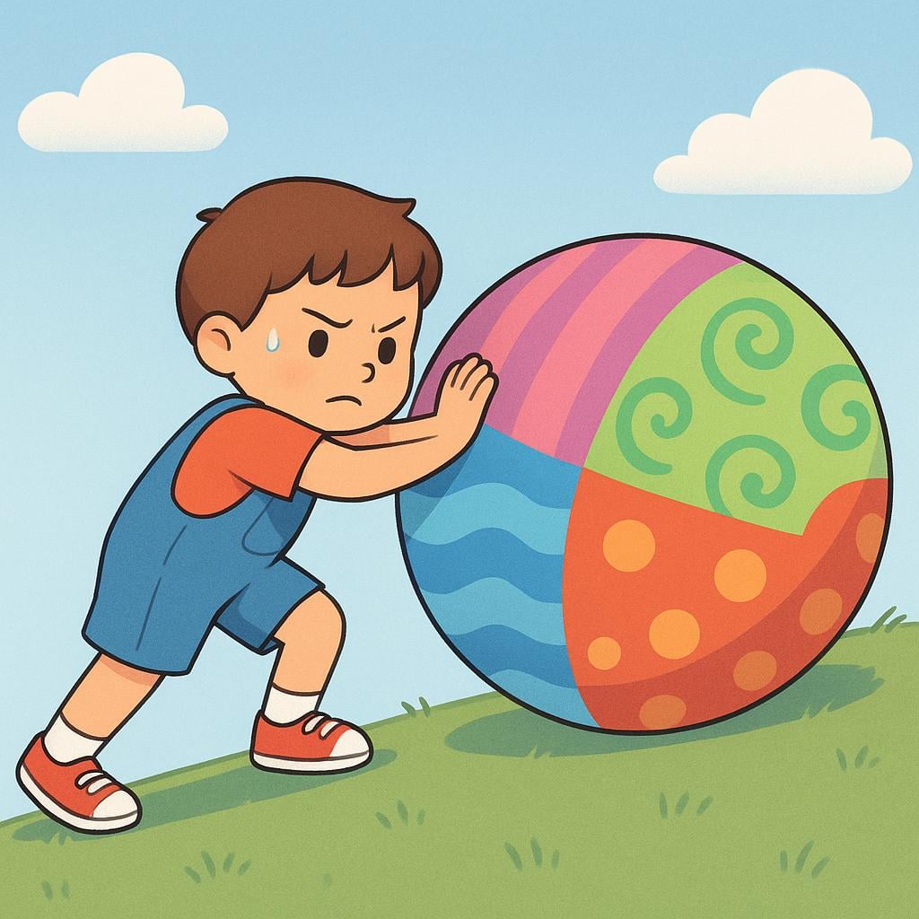 A determined child, wearing bright clothes, straining slightly as they push a large, colorful, round boulder up a slight incline.