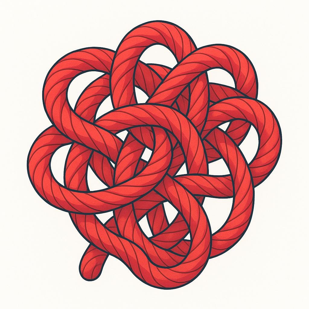 絡み合った、巨大で複雑で解けないような一本の明るい赤色のロープ。一般的な難しさを象徴している。