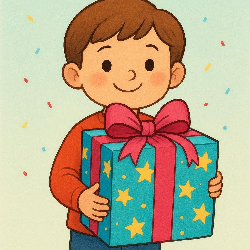 A joyful young character happily holding a large, brightly wrapped present, symbolizing having or receiving something positive.