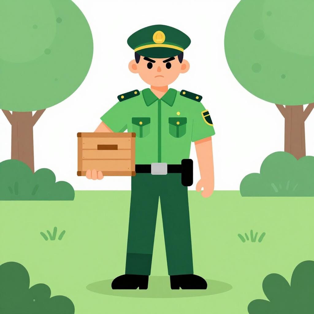 Een parkbeambte in uniform die een houten kist vasthoudt die als gezagsdaad in beslag is genomen.