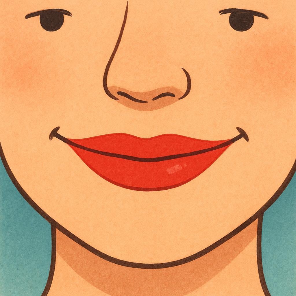 A simple illustration showing a close-up of a human face, emphasizing the slightly smiling mouth and lips.