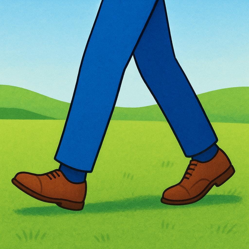 A simplistic storybook illustration showing the lower half of a person's body: two legs wearing blue trousers and brown shoes, mid-stride on a grassy path.