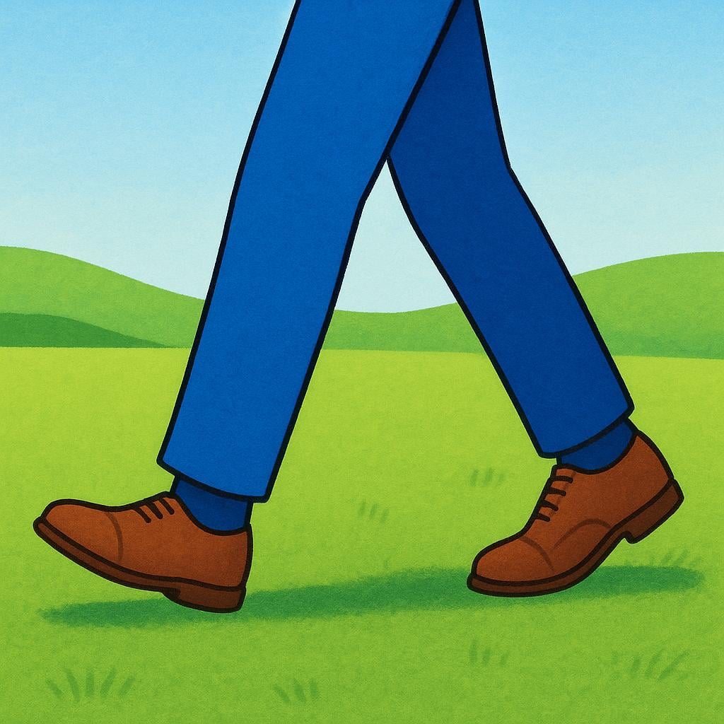 A simplistic storybook illustration showing the lower half of a person's body: two legs wearing blue trousers and brown shoes, mid-stride on a grassy path.