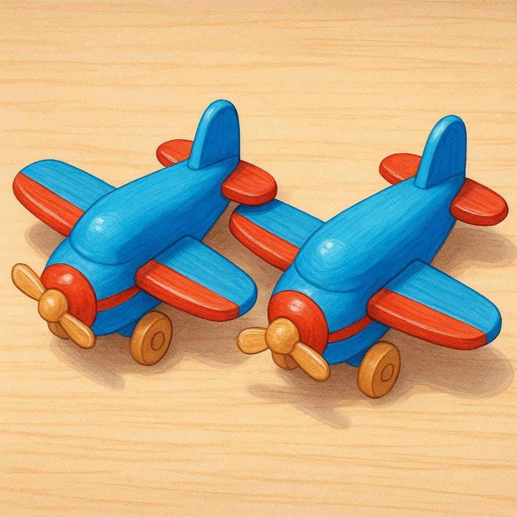 Two brightly painted wooden toy airplanes sitting side-by-side, illustrating items that have been constructed or made.