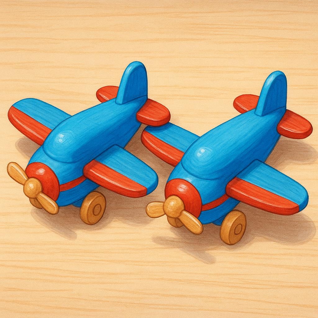 Two brightly painted wooden toy airplanes sitting side-by-side, illustrating items that have been constructed or made.