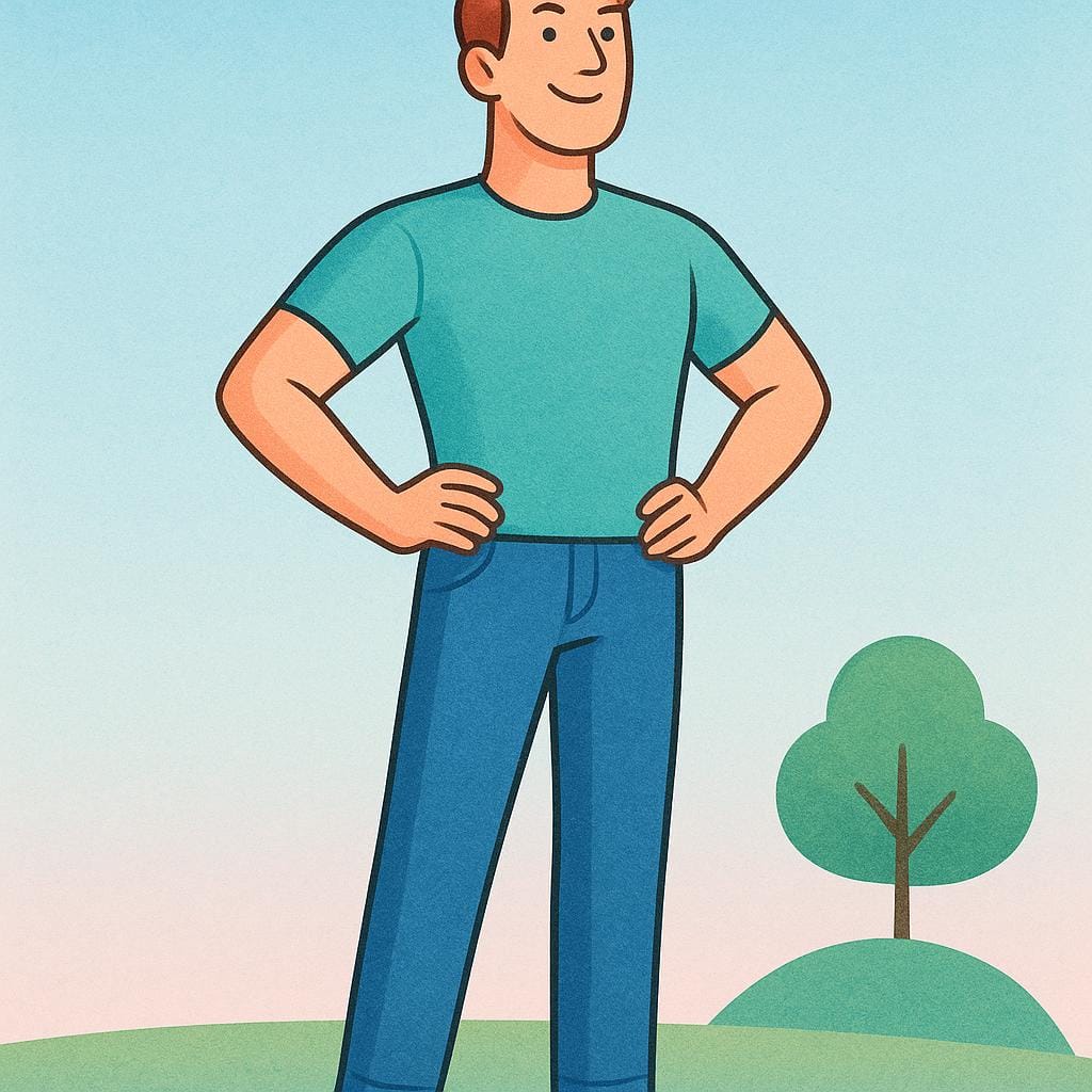 A simple illustration of a tall, grown-up person standing confidently. They are wearing casual, simple adult attire.