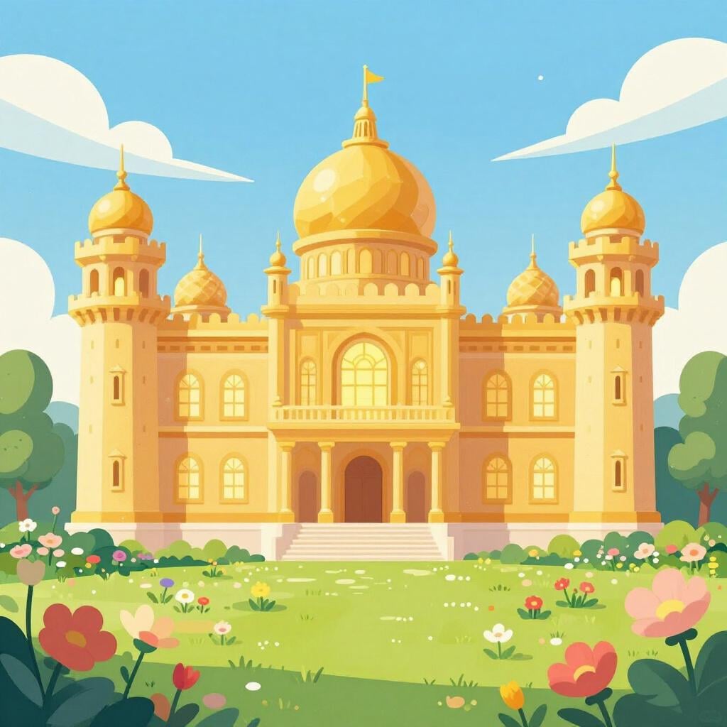 Um palácio real magnífico com cúpulas douradas e jardins exuberantes sob um sol brilhante.