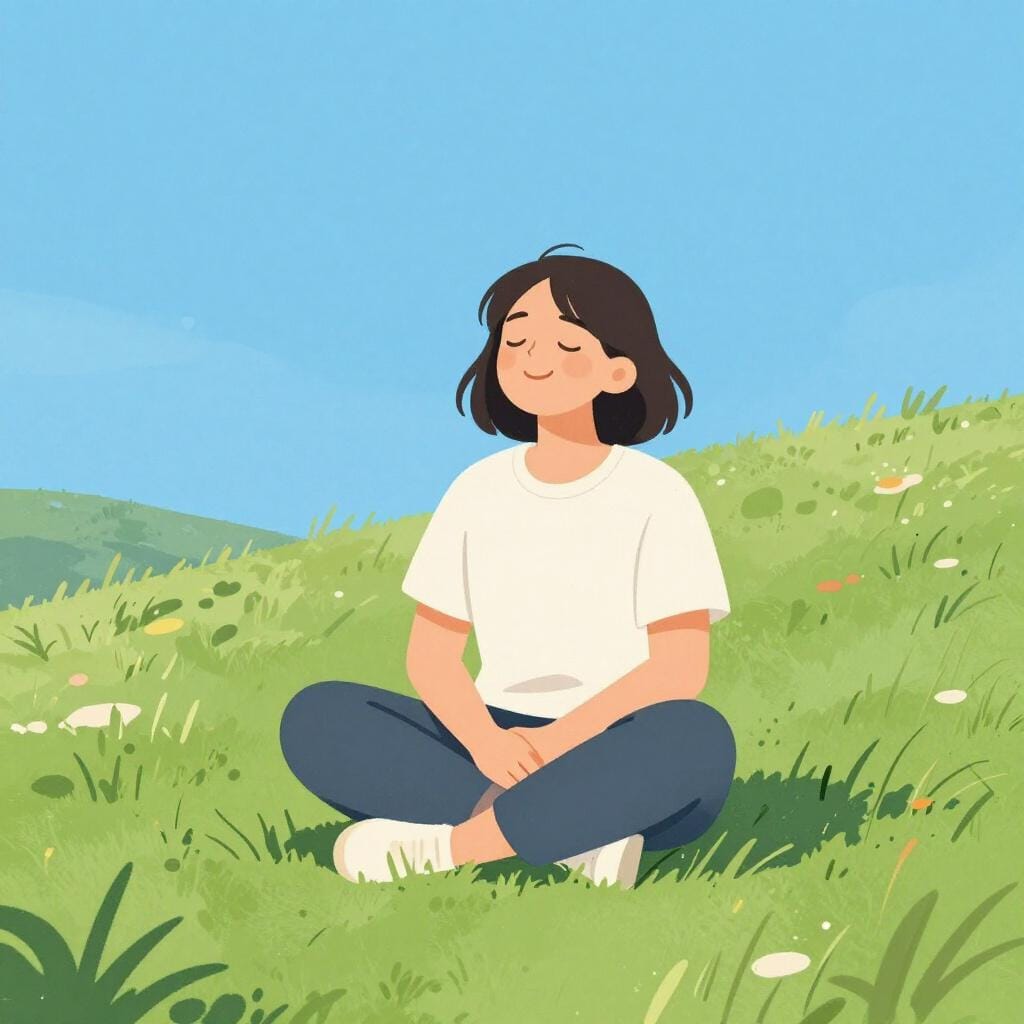 Una persona seduta pacificamente sotto un albero con un'espressione gentile.