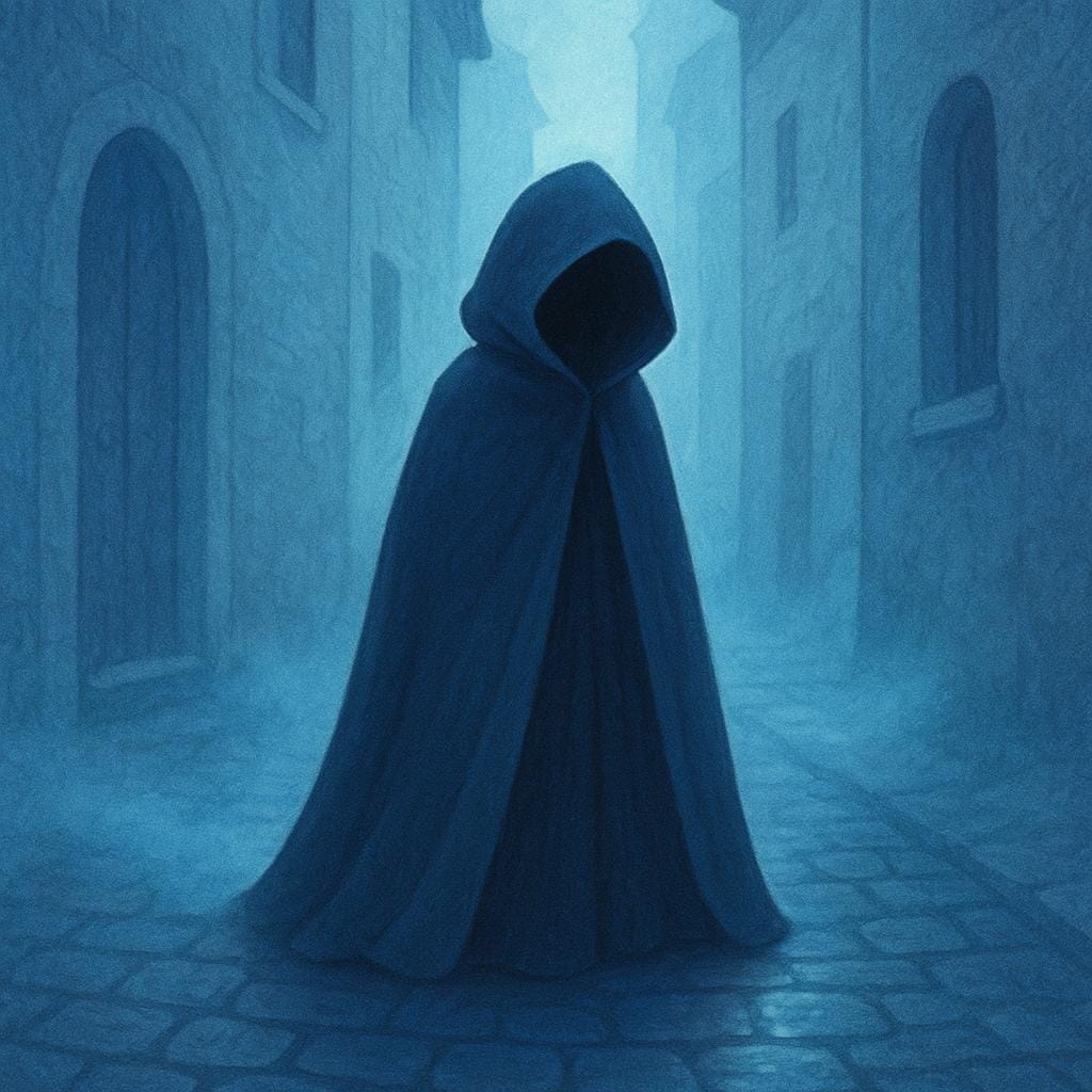 A shadowy figure in a dark cloak standing alone in a misty alleyway.