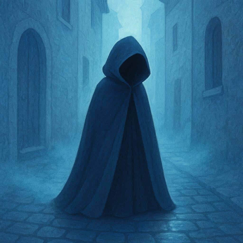 A shadowy figure in a dark cloak standing alone in a misty alleyway.