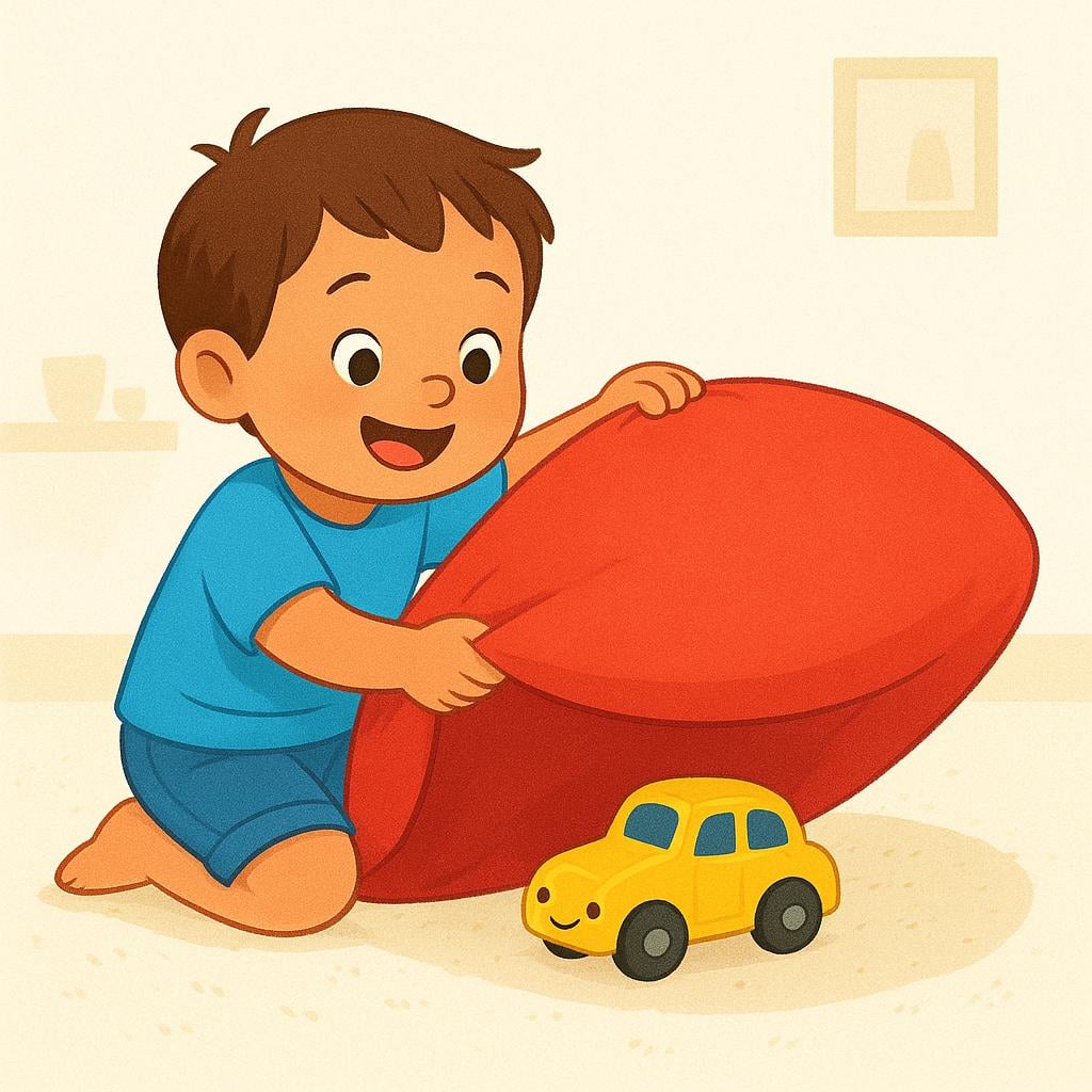 A happy child smiling brightly after discovering a brightly colored toy car hidden under a large red cushion.