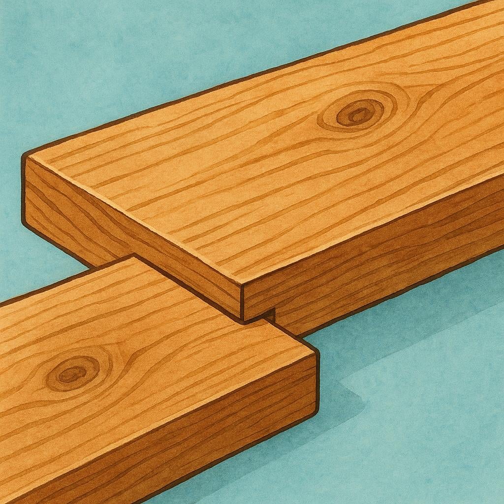 A close-up view of two sturdy wooden planks connected seamlessly by a simple physical joint.