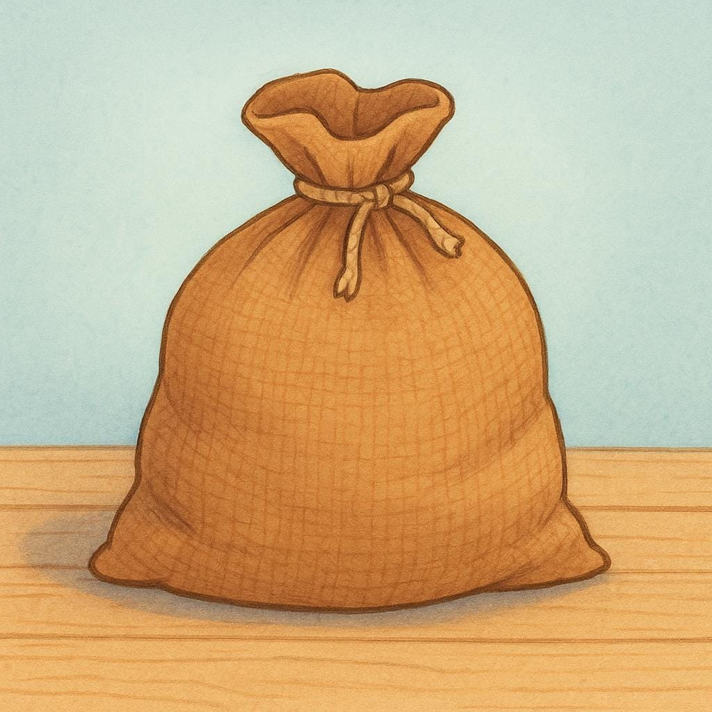 A large, simple brown woven cloth sack, tied shut near the top, sitting on a plain surface.